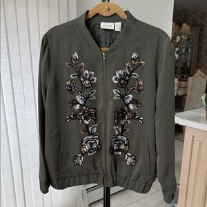 Chico's Green Floral Embroidered Bomber Jacket